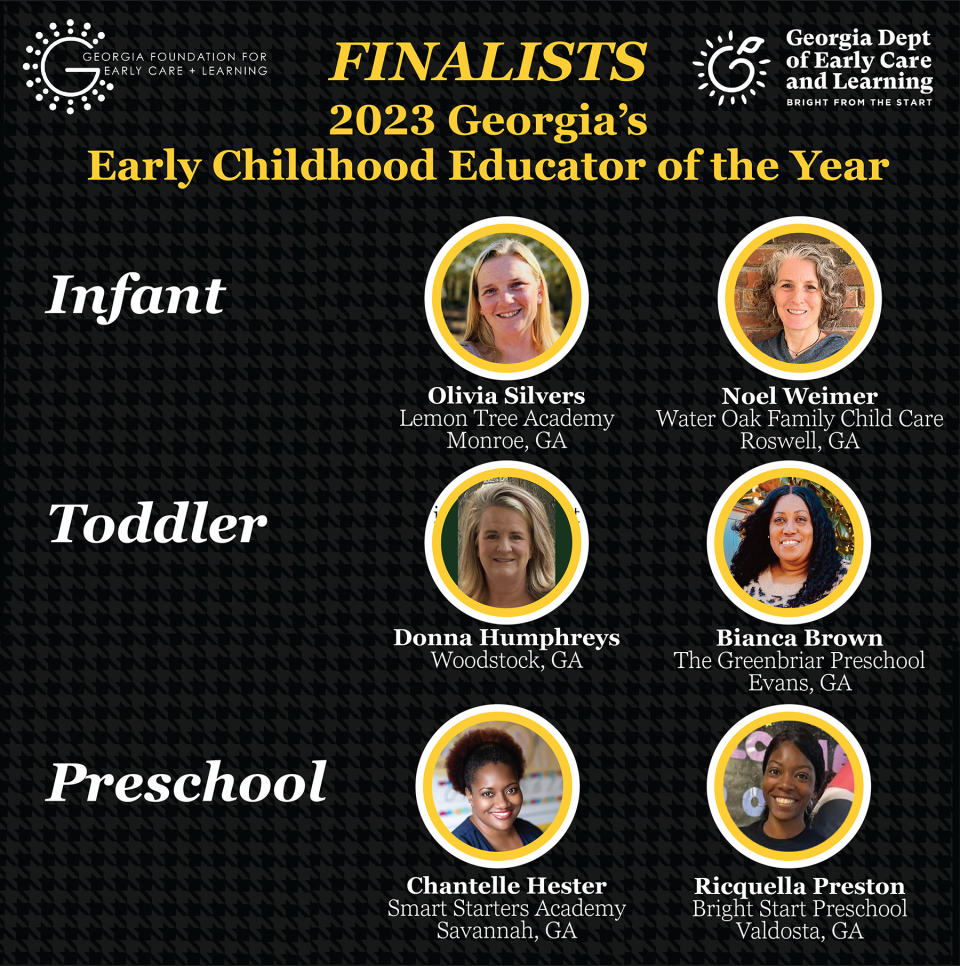 Georgia’s Early Childhood Educators of the Year awards have announced finalists in their Infant Teacher of the Year (0-18 months), Toddler Teacher of the Year (15-36 months), and Preschool Teacher of the Year (36- 48 months) categories.
