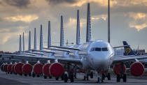 Vueling Airlines planes sit parked in a line at the Seville, Spain airport on Saturday, March 21, 2020, idled due to the COVID-19 coronavirus outbreak. (AP Photo/Miguel Morenatti)