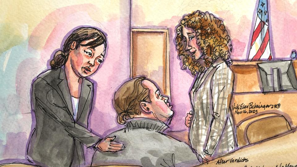 David DePape (center) looks on as his attorneys Angela Chuang (left) and Jodi Linker (right) speak to him following the guilty verdicts in his federal trial, Nov. 16, 2023. / Credit: Sketch by Vicki Behringer