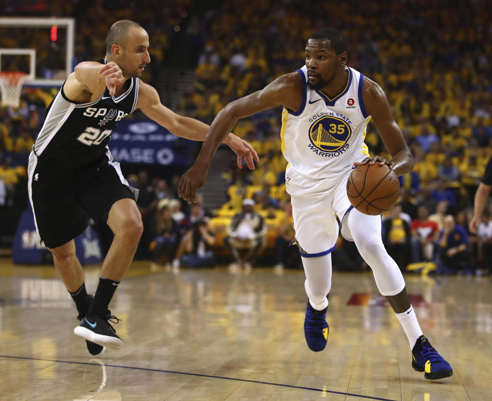 The Warriors, playing without leading man Steph Curry, found their playoff gear and dominated a hapless Spurs team on Saturday still struggling without Kawhi Leonard. (AP)