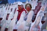 Fans wait for the start of NFL Super Bowl 55 football game between the Kansas City Chiefs and Tampa Bay Buccaneers, Sunday, Feb. 7, 2021, in Tampa, Fla. (AP Photo/Ashley Landis)