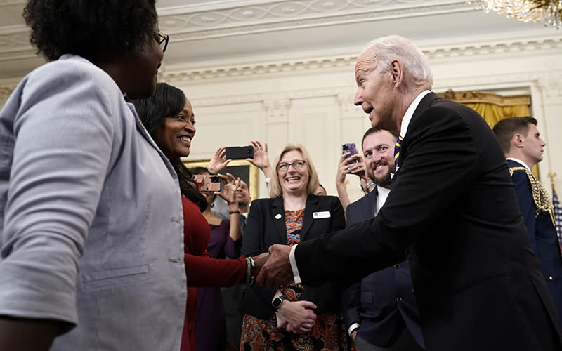 President Biden greets state Teachers of the Year after the National Teacher of the Year event at the White House on April 27. <em>Yuri Gripas/UPI Photo</em>