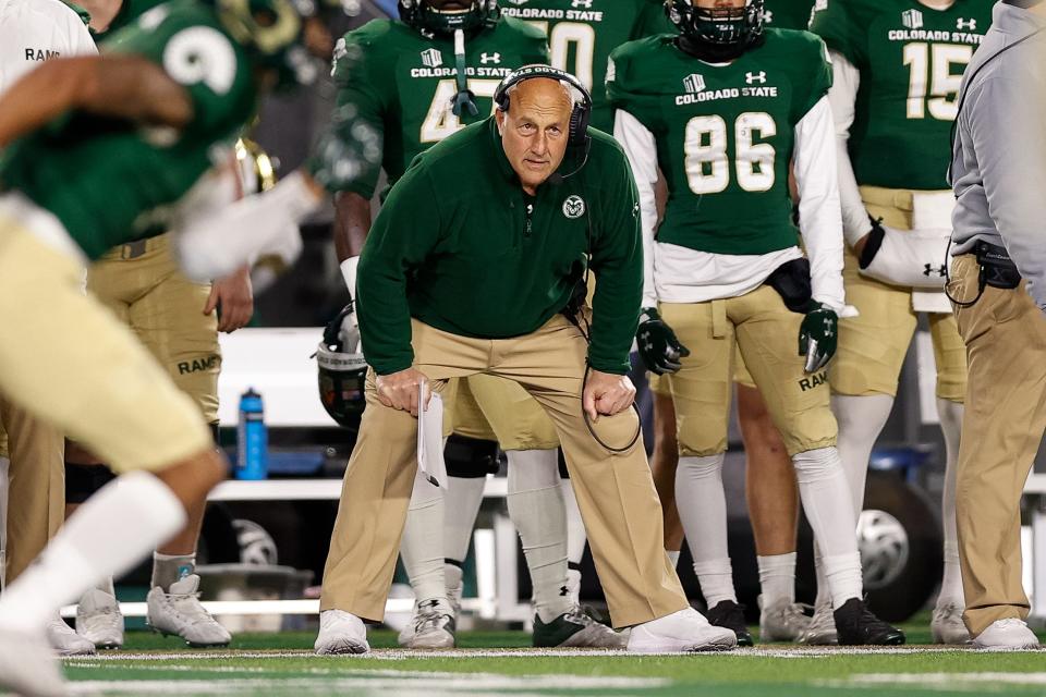 Colorado State Rams head coach Steve Addazio looks on in the second quarter against the Air Force Falcons at Sonny Lubick Field at Canvas Stadium.