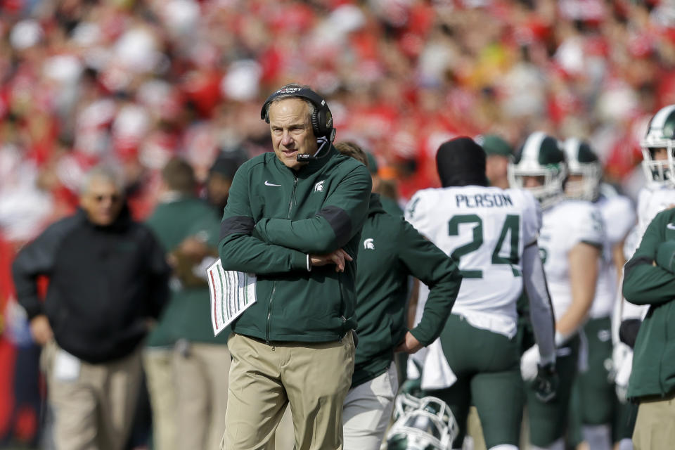 Michigan State head coach Mark Dantonio during the first half of an NCAA college football game against Wisconsin Saturday, Oct. 12, 2019, in Madison, Wis. (AP Photo/Andy Manis)