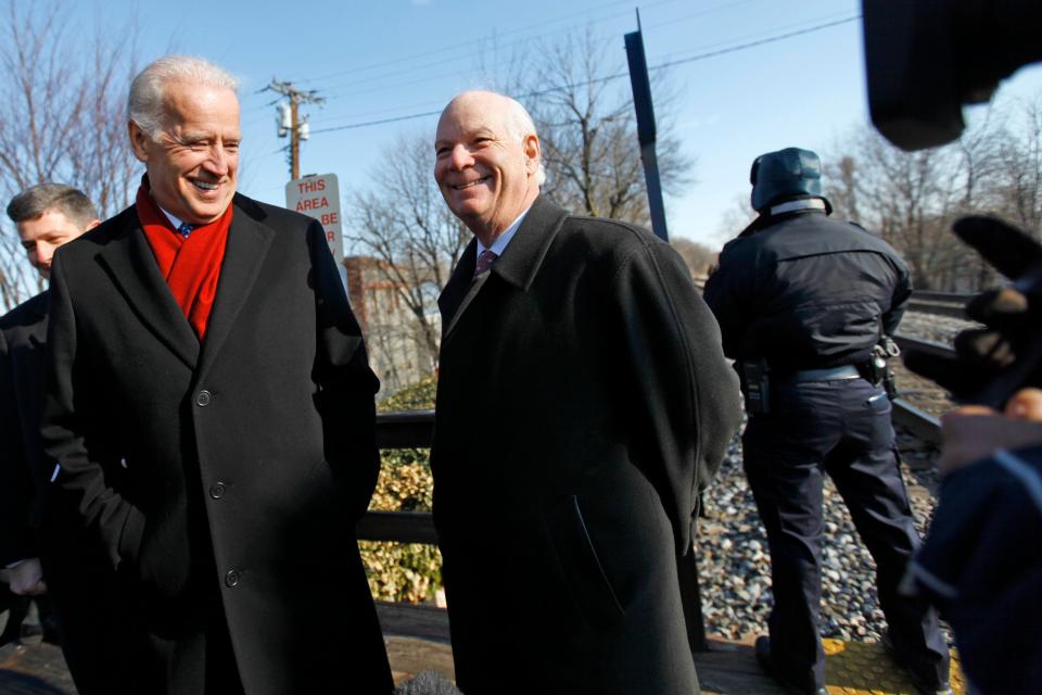 Vice President Joe Biden, left, gets a tour of a MARC train station with Sen. Benjamin Cardin, D-Md., before Biden spoke about transportation, Thursday, Feb. 5, 2009, in Laurel, Md.