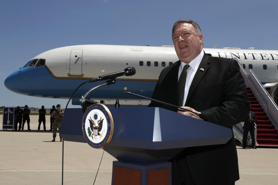 Secretary of State Mike Pompeo speaks to the media at Andrews Air Force Base, Md., Sunday, June 23, 2019, before boarding a plane headed to Jeddah, Saudi Arabia. (AP Photo/Jacquelyn Martin, Pool)