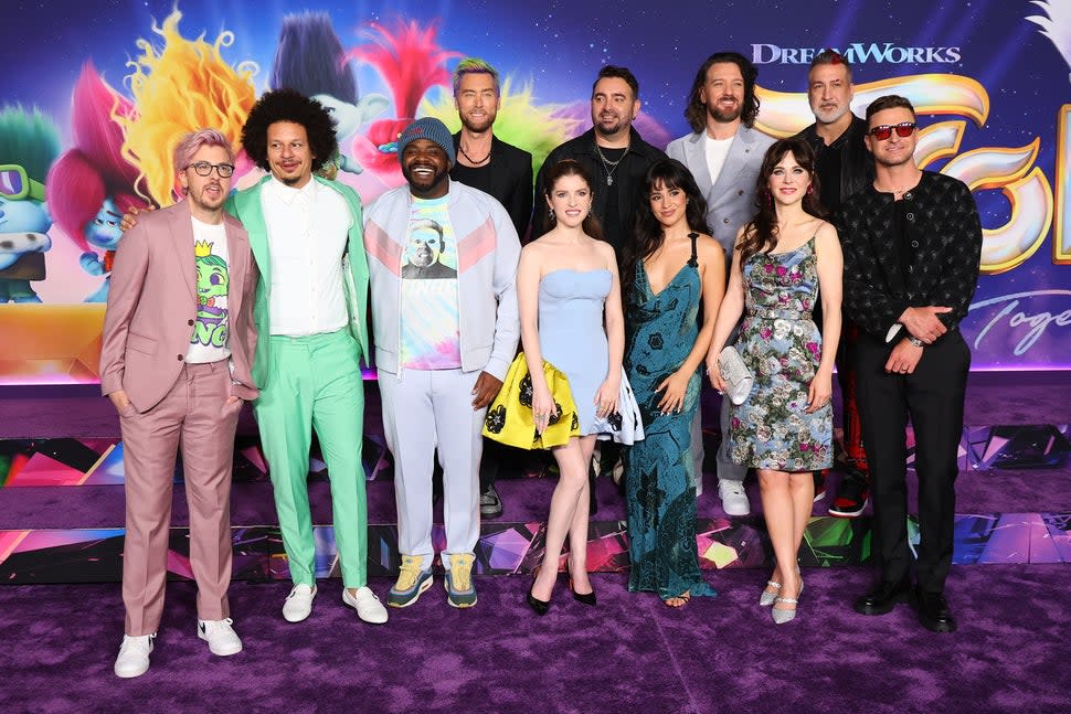 HOLLYWOOD, CALIFORNIA - NOVEMBER 15: (L-R) Christopher Mintz-Plasse, Eric Andre, Ron Funches, Lance Bass, Anna Kendrick, Chris Kirkpatrick, Camila Cabello, JC Chasez, Zooey Deschanel, Joey Fatone and Justin Timberlake attend special screening of Universal Pictures' 