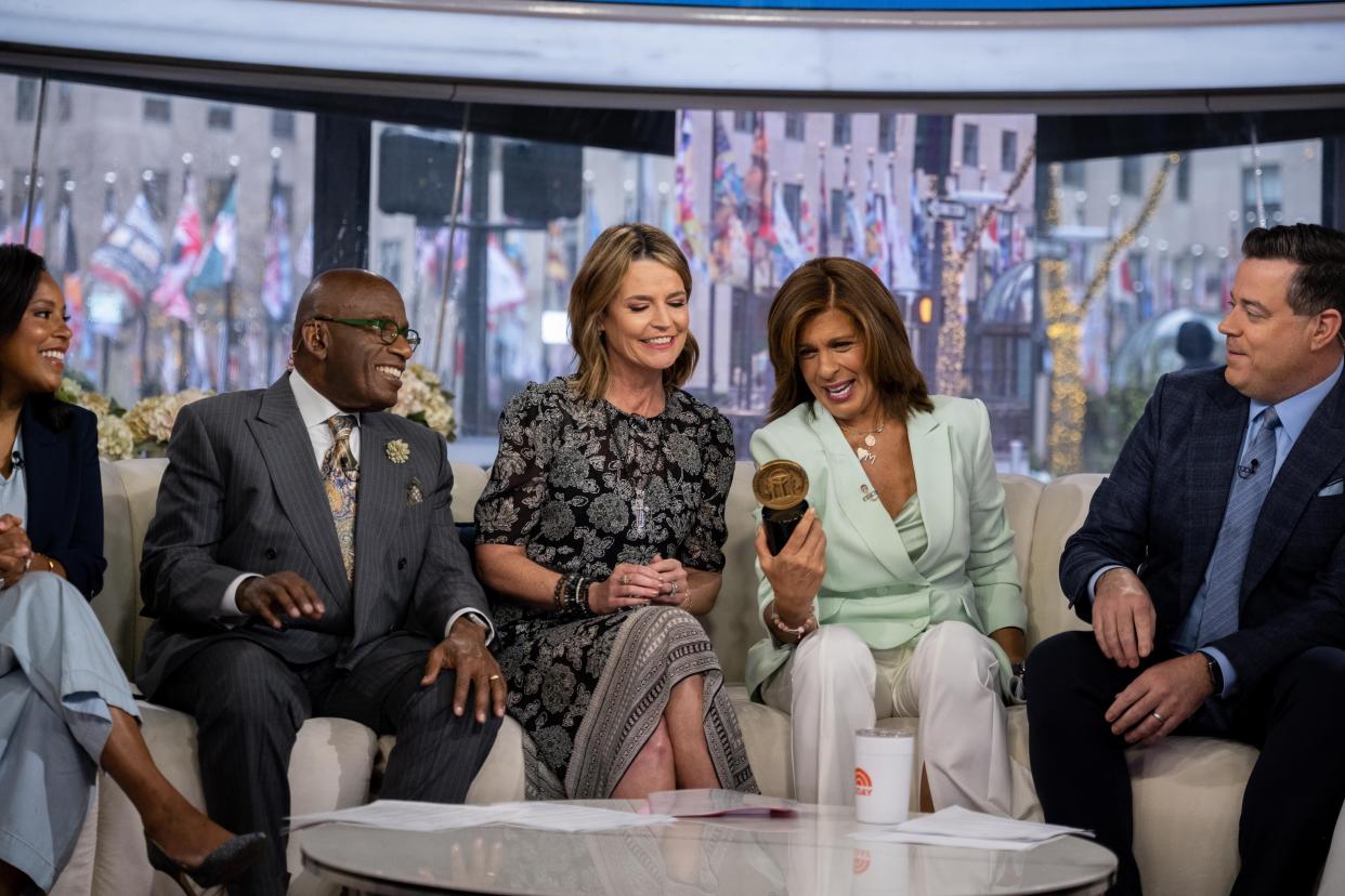 Sheinelle Jones, Al Roker, Savannah Guthrie, Hoda Kotb and Carson Daly celebrate as the "Today" show receives the Peabody institutional award.