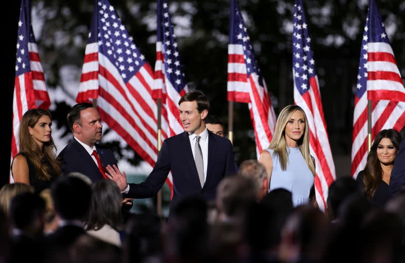 White House counselor Hope Hicks, Deputy Chief of Staff Dan Scavino, senior advisor Jared Kushner, Lara Trump and Kimberly Guilfoyle arrive for U.S. President Donald Trump's acceptance speech as the 2020 Republican presidential nominee in Washington