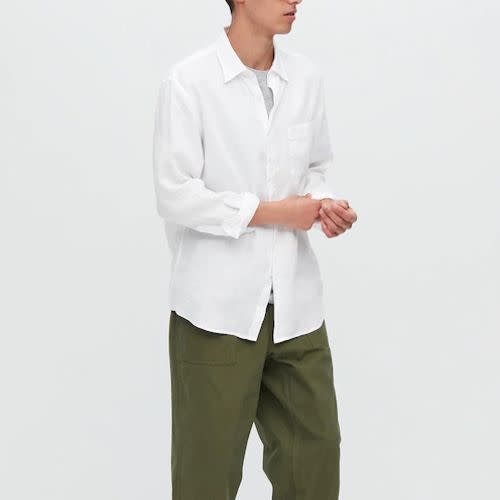 <p><strong>Uniqlo</strong></p><p>uniqlo.com</p><p><strong>$29.90</strong></p><p><a href="https://go.redirectingat.com?id=74968X1596630&url=https%3A%2F%2Fwww.uniqlo.com%2Fus%2Fen%2Fproducts%2FE444641-000%2F00%3FcolorDisplayCode%3D00%26sizeDisplayCode%3D002&sref=https%3A%2F%2Fwww.menshealth.com%2Fstyle%2Fg40772089%2Fbest-linen-shirts-men%2F" rel="nofollow noopener" target="_blank" data-ylk="slk:Shop Now" class="link ">Shop Now</a></p><p>A crisp white shirt is a must-have in anyone’s wardrobe—and you don’t have to spend a small fortune to own more than one, either. This effortless linen long-sleeve is designed to be worn tucked in or out, which makes it as versatile an option as ever.</p><p><strong><em>Read More: <a href="https://www.menshealth.com/style/g25801019/best-white-dress-shirts-for-men/" rel="nofollow noopener" target="_blank" data-ylk="slk:Best Men's White Dress Shirts" class="link ">Best Men's White Dress Shirts</a></em></strong></p>