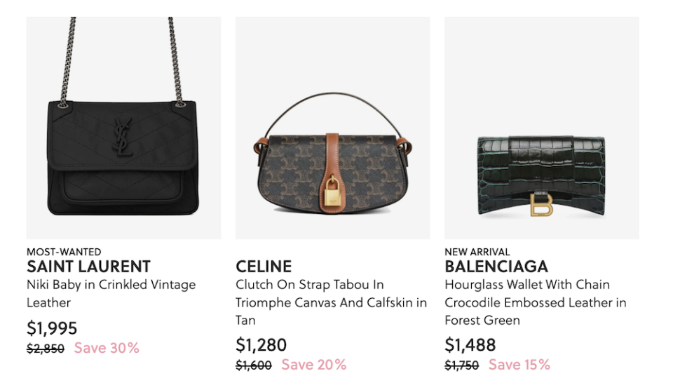 A sampling of the discounted designer purses available for purchase on Cosette’s website.