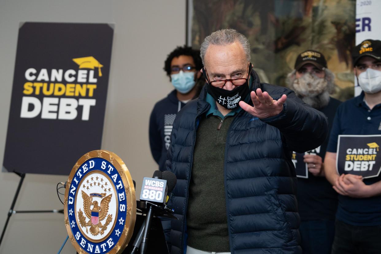 U.S. Senate Majority leader Chuck Schumer speaks at a press conference about a plan to relieve debt for federal student loan borrowers Friday, April 16, 2021 in Manhattan. 