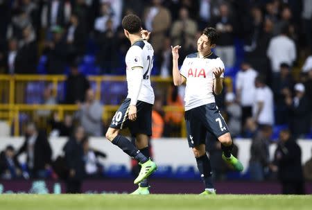 Britain Soccer Football - Tottenham Hotspur v AFC Bournemouth - Premier League - White Hart Lane - 15/4/17 Tottenham's Dele Alli celebrates after the match with Son Heung-min Reuters / Dylan Martinez Livepic