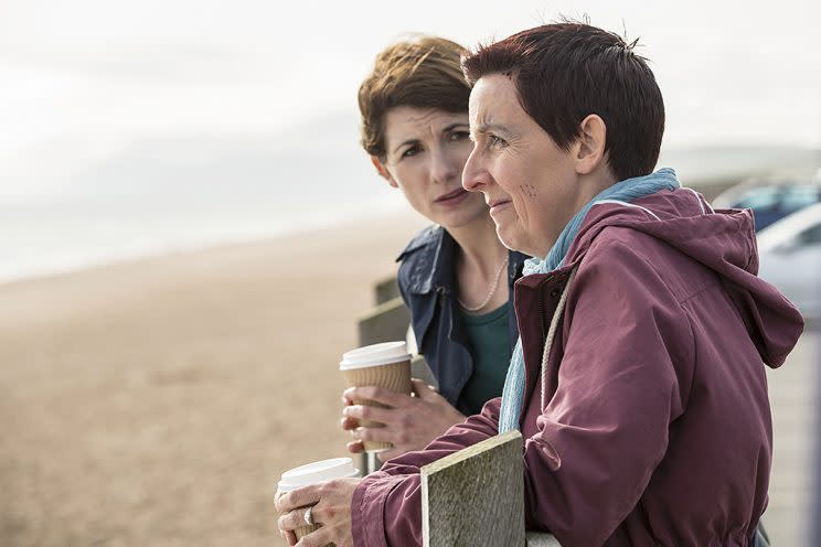 Jodie Whittaker as Beth Latimer and Julie Hesmondhalgh as Trish Winterman in BBC America's Broadchurch. (Photo Credit: Colin Hutton/BBC America)