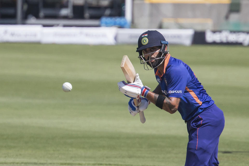 Indian batsman Virat Kohli in action during the third ODI match between South Africa and India at Newlands, Cape Town, South Africa, Sunday, Jan. 23, 2022. (AP Photo/Halden Krog)