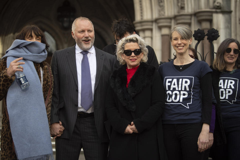 Former police officer Harry Miller with supporters outside the High Court, London, ahead of the ruling that his allegedly "transphobic" tweets were lawful and Humberside Police's response interfered with his right to freedom of expression.