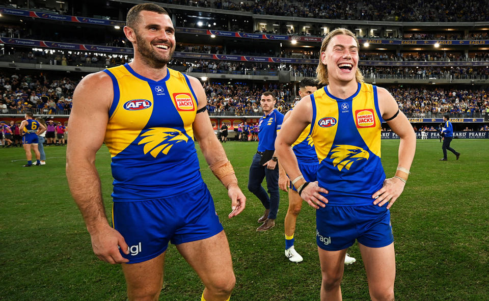 Jack Darling and Harley Reid, pictured here after West Coast's win over Fremantle.