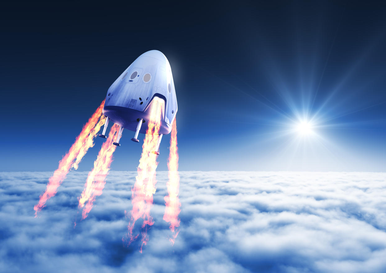 Private Spacecraft Module Launch Above The Clouds. 3D Illustration.