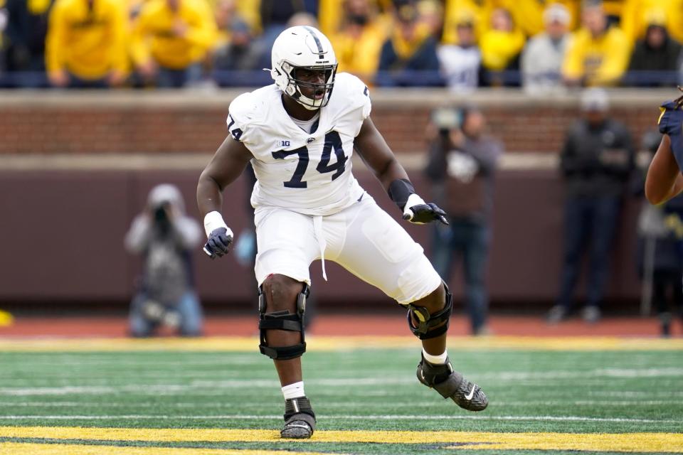 Penn State offensive lineman Olumuyiwa Fashanu (74) plays against the Michigan in the second half of an NCAA college football game in Ann Arbor, Mich., Saturday, Oct. 15, 2022
