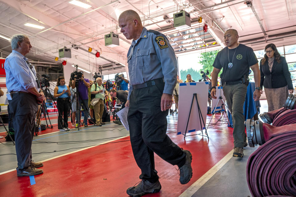 Pa. State Police deputy commissioner of operations Lt. Col. George Bivens leaves after updating the news media at the Po-Mar-Lin Fire Company in Kennett Square Tuesday, Sept. 12, 2023 as the search for escaped convict Danelo Cavalcante continues in northern Chester County. (Tom Gralish/The Philadelphia Inquirer via AP)