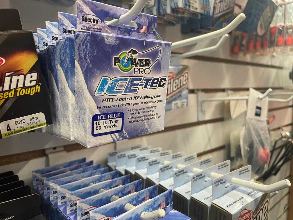 Ice fishing line from Anderson's Pro Bait llc., located at 2731 Pine Grove Ave., Jan. 18, 2023. The store has seen a decrease in ice fishing gear sales this winter.