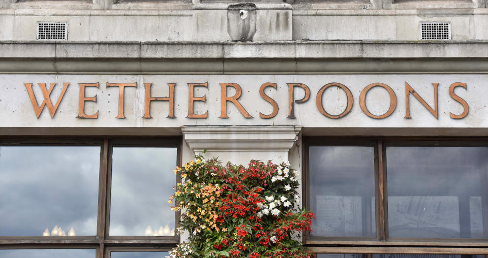 LONDON, UNITED KINGDOM - 2020/08/31: A sign on the JD Wetherspoon pub, The Liberty Bounds.
JD Wetherspoon is cutting prices on food and soft drinks up to 48 percent after the Government's popular Eat Out to Help Out scheme ends. The discounts will be available from Monday to Wednesday from September 1st, until November 11th, in all pubs. (Photo by Dave Rushen/SOPA Images/LightRocket via Getty Images)