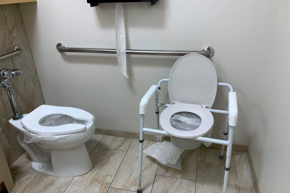 With no running water, hospital staff have had to place plastic bags in toilets at Health Park Medical Center in Fort Myers, Fla. (Obtained by NBC News)