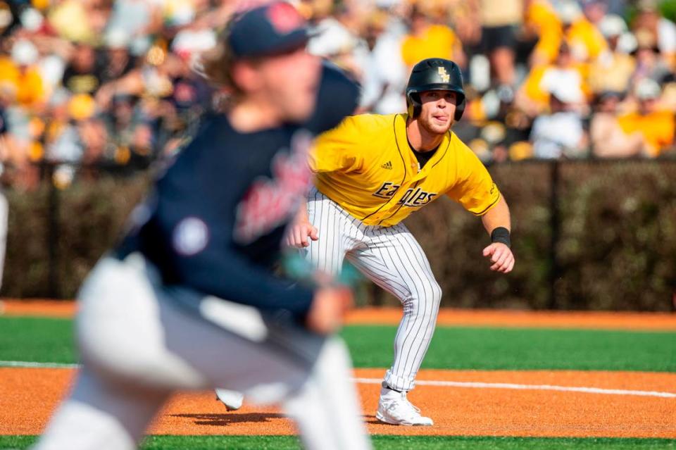 Southern Miss’s Slade Wilks sticks his tongue out as he leads off during the Super Regionals Final at Pete Taylor Park in Hattiesburg on Sunday, June 12, 2022.