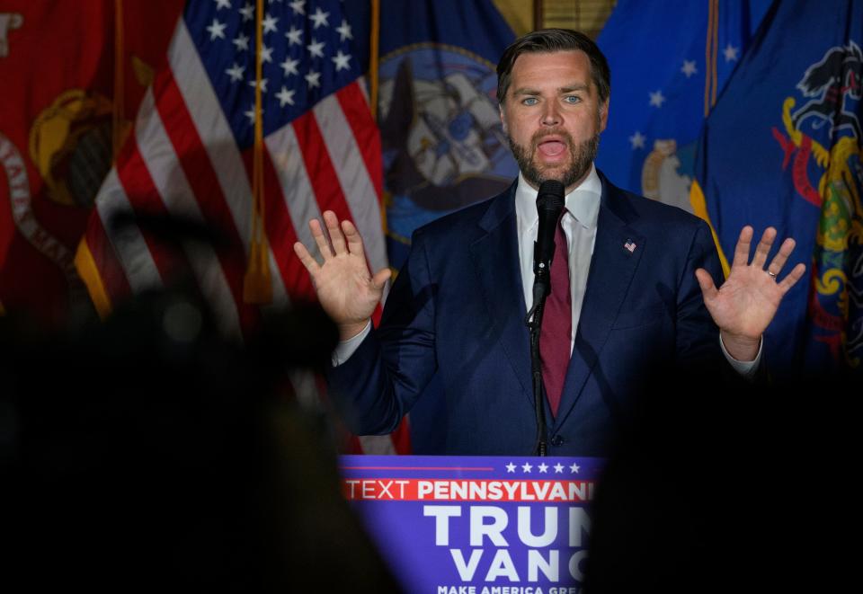 Republican vice presidential nominee JD Vance campaigns on Aug. 15, 2024, in New Kensington, Pa.