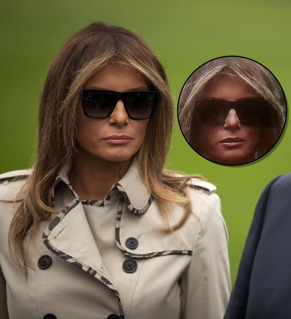 Side-by-side photos of Melania on Oct. 13 and the television footage taken by Barton show the white halo surrounding FLOTUS’s features. (Photo: Getty Images / inset:CNN)