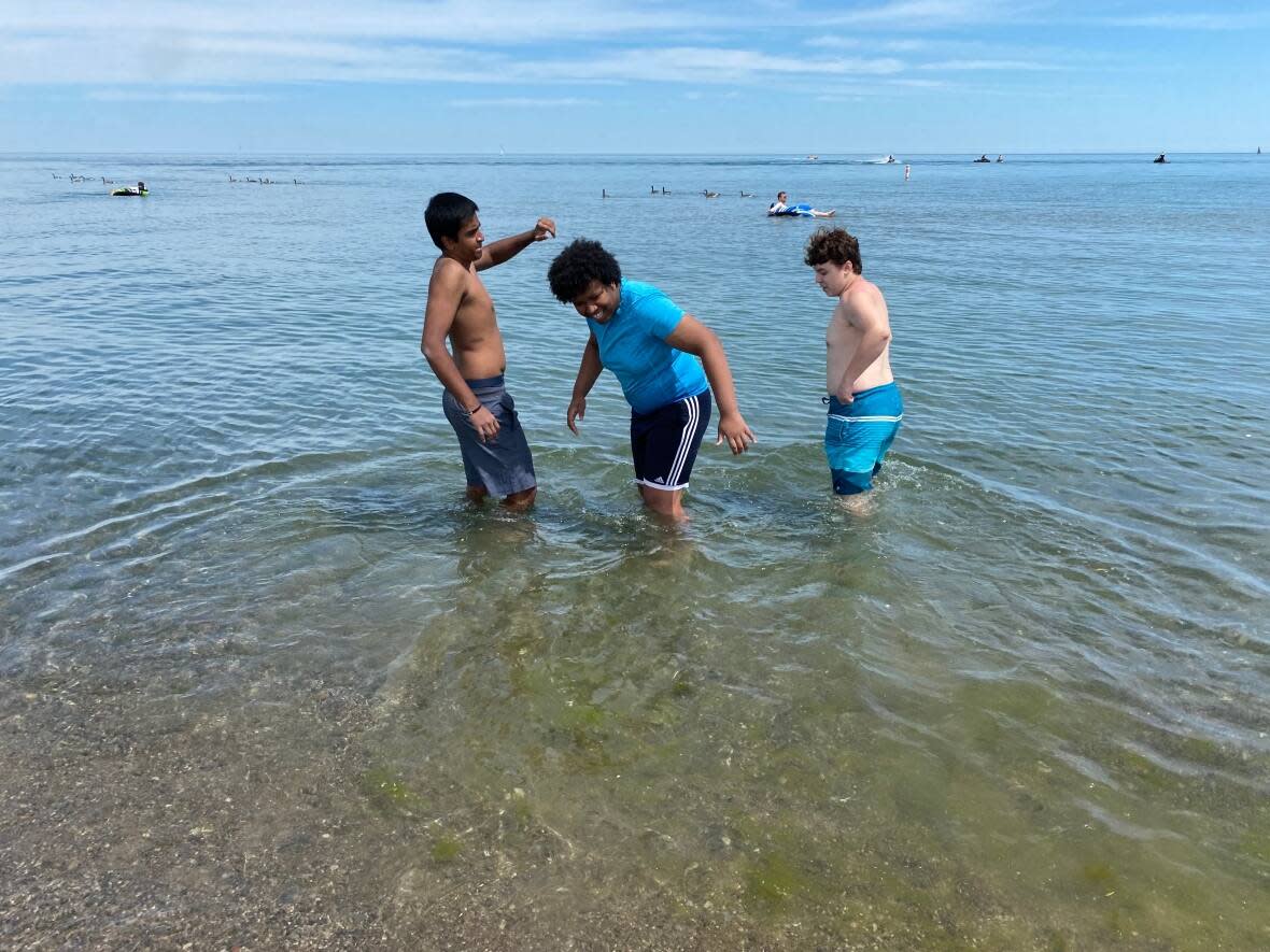Ram Daniel, left, Adam Tekabe, middle, and Evan Pasarelu, right, three high school friends who have just finished Grade 11, celebrate their first day of summer at Lake Ontario.  (Mary Wiens/CBC - image credit)