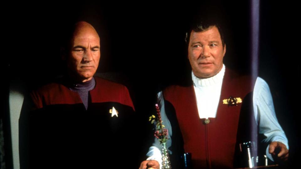 Patrick Stewart and William Shatner in <em>Star Trek: Generations</em>.