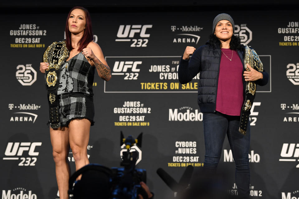 Cris Cyborg and Amanda Nunes pose for the media during the UFC 232 press conference inside Hulu Theater at Madison Square Garden on Nov. 2, 2018 in New York. (Getty Images)