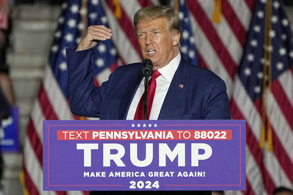 FILE - Republican presidential candidate, former President Donald Trump speaks during a campaign rally, July 29, 2023, in Erie, Pa. Trump plans to hold a rally Saturday, April 13, 2024, in northeast Pennsylvania, his last before his criminal hush money trial begins on Monday. (AP Photo/Sue Ogrocki, File)