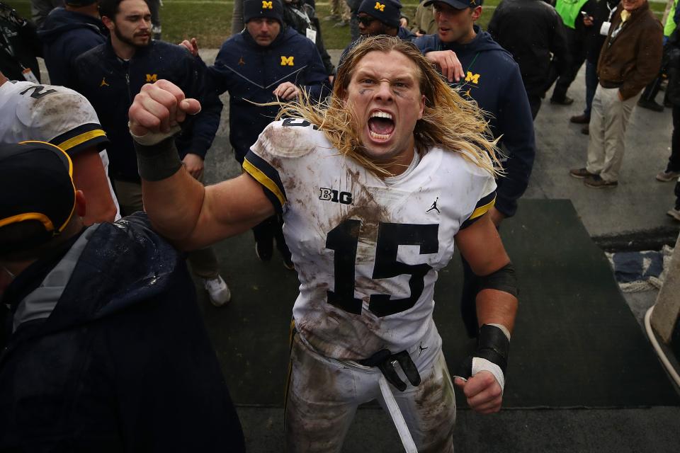 EAST LANSING, MI - OCTOBER 20:  Chase Winovich #15 of the Michigan Wolverines leaves the field after a 21-7 win over the Michigan State Spartans at Spartan Stadium on October 20, 2018 in East Lansing, Michigan. (Photo by Gregory Shamus/Getty Images)