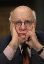 FILE - In this Feb. 4, 2009, file photo Paul Volcker, chairman of the President's Economic Recovery Advisory Board, testifies on Capitol Hill in Washington. Volcker, the former Federal Reserve chairman died on Sunday, Dec. 8, 2019, according to his office, He was 92. (AP Photo/J. Scott Applewhite, File)
