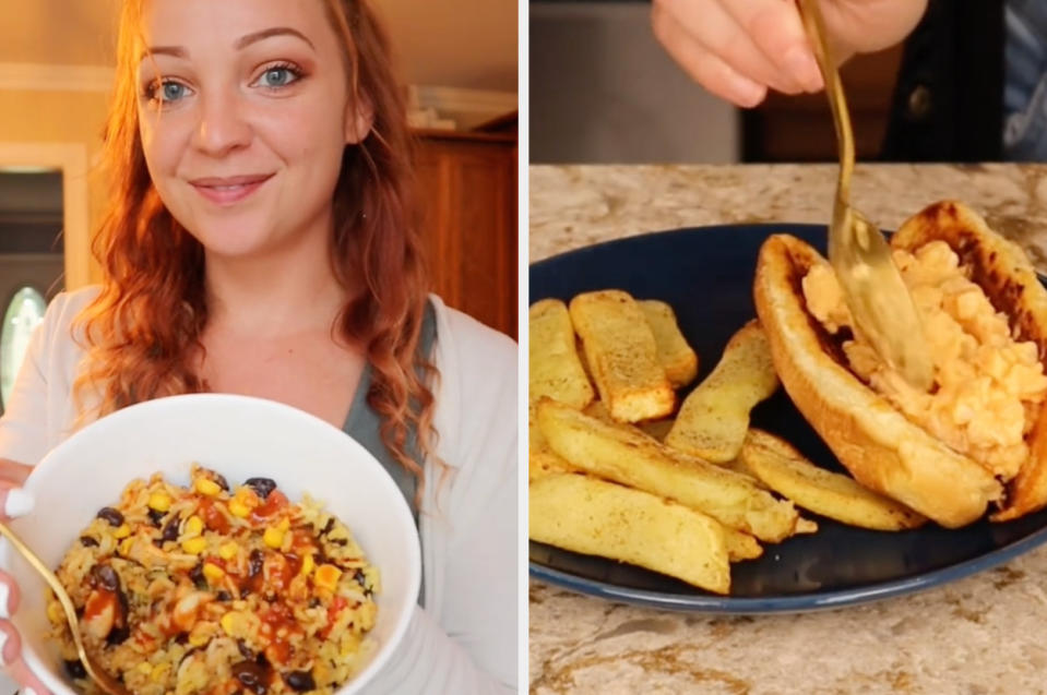 On the left. Rebecca is holding up a burrito bowl. The right image shows french fries and a sandwich roll