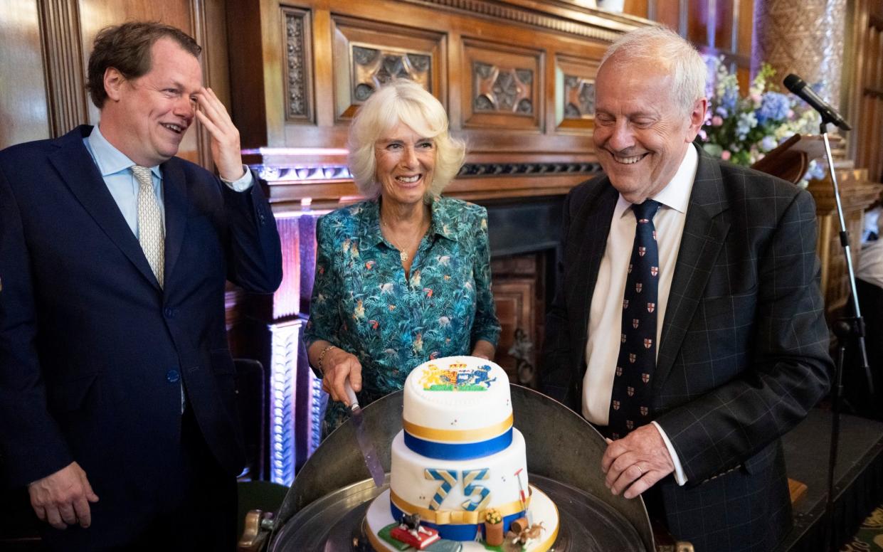 The Duchess of Cornwall with Gyles Brandreth (right) and her son Tom celebrating her 75th birthday in London - David Rose for the Telegraph