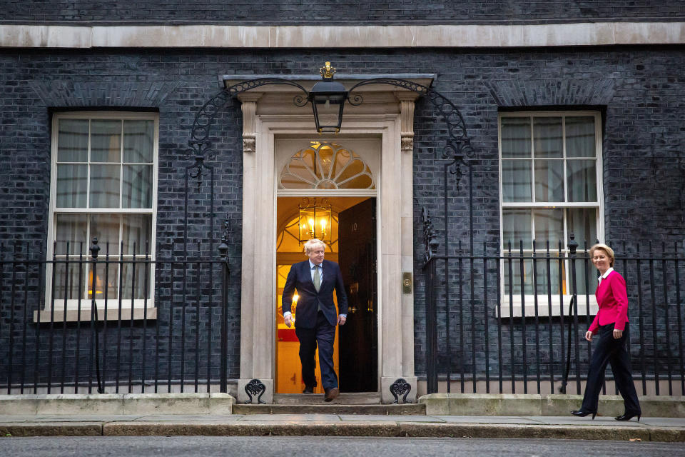 RETRANSMITTING CORRECTING SPELLING OF LEVEN TO LEYEN CORRECT CAPTION BELOW Prime Minister Boris Johnson greets EU Commission president Ursula von der Leyen ahead of a meeting in Downing Street, London.