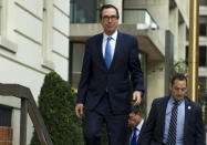 Treasury Secretary Steven Mnuchin arrives to the Office of the United States Trade Representative were he will have a minister-level trade meetings with his Chinese counterpart Chinese Vice Premier Liu He, in Washington, Thursday, Oct. 10, 2019. (AP Photo/Jose Luis Magana)