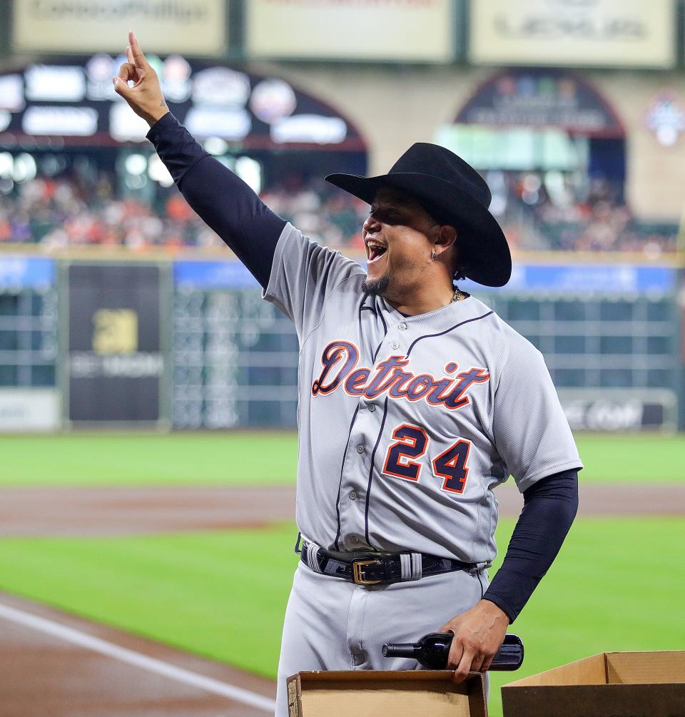 Tigers designated hitter Miguel Cabrera was honored by the Houston Astros on his upcoming retirement at the end of the season on Wednesday, April 5, 2023, in Houston, Texas.