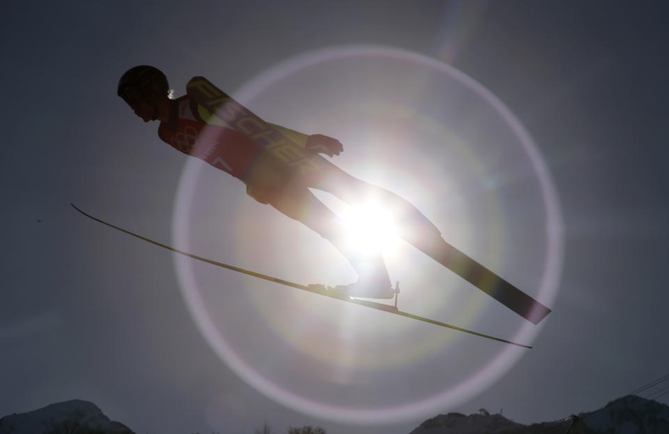 Czech Republic's Roman Koudelka makes an attempt during the men's normal hill ski jumping training ahead of the 2014 Winter Olympics, Friday, Feb. 7, 2014, in Krasnaya Polyana, Russia. 