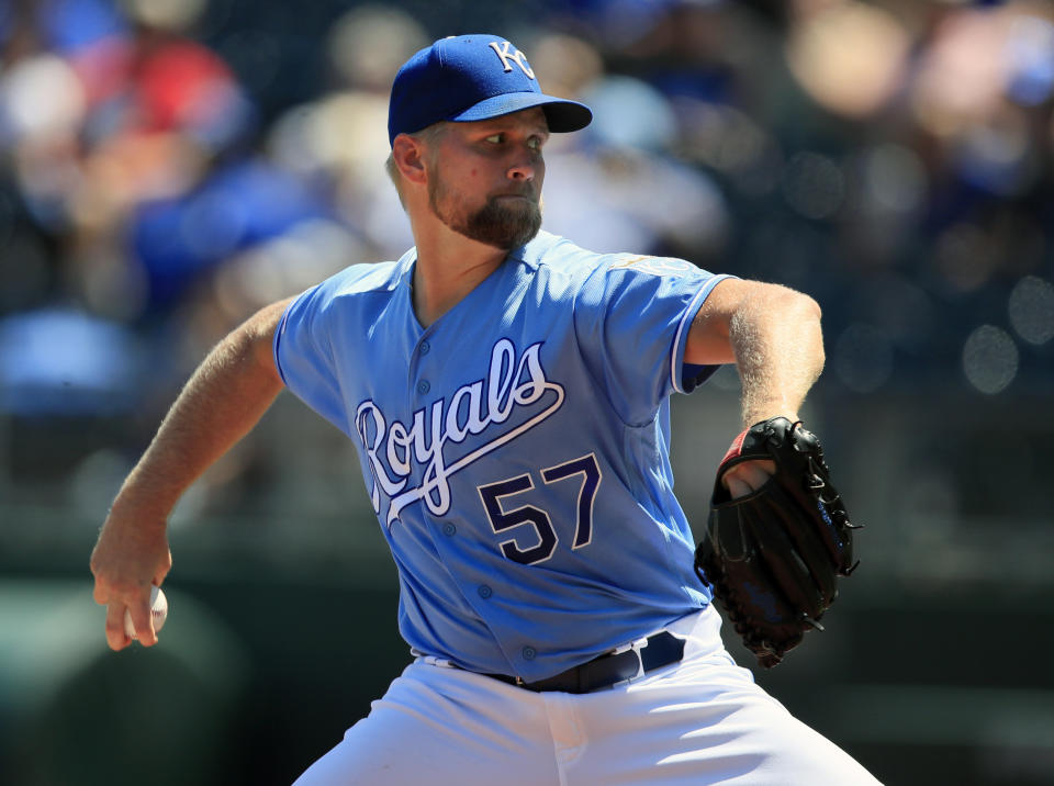 Kansas City Royals starting pitcher Glenn Sparkman delivers to a New York Mets batter during the first inning of a baseball game at Kauffman Stadium in Kansas City, Mo., Sunday, Aug. 18, 2019. (AP Photo/Orlin Wagner)