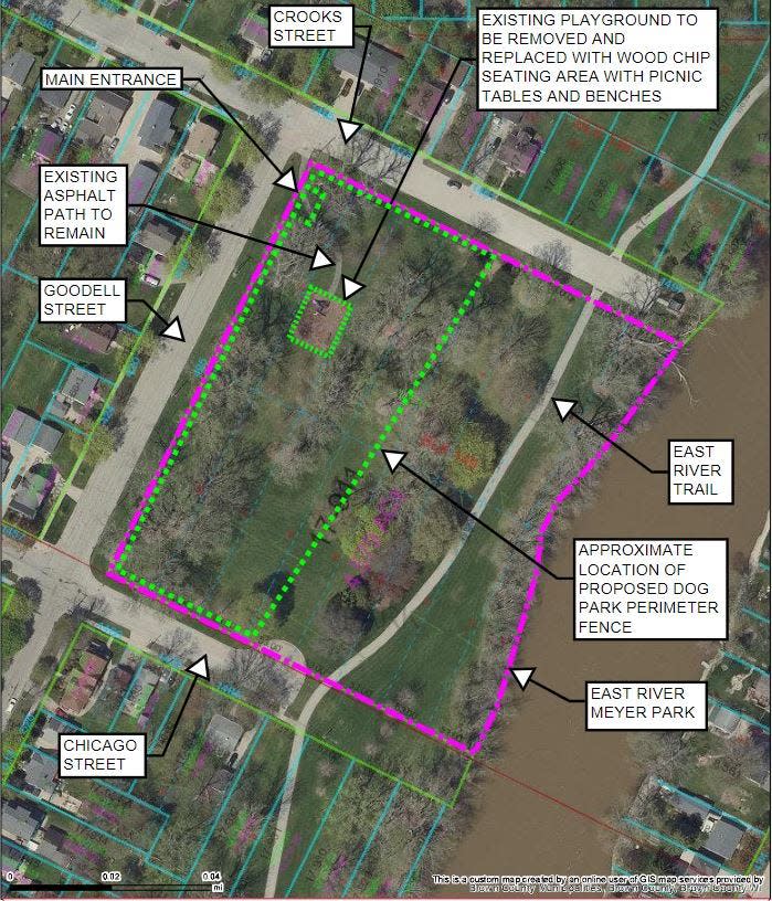 A Green Bay Parks map of East River Meyer Park highlights in green the area that to be fenced in to create a new dog park. The green square in the center is a playground that would be replaced with picnic tables and benches for dog park visitors.