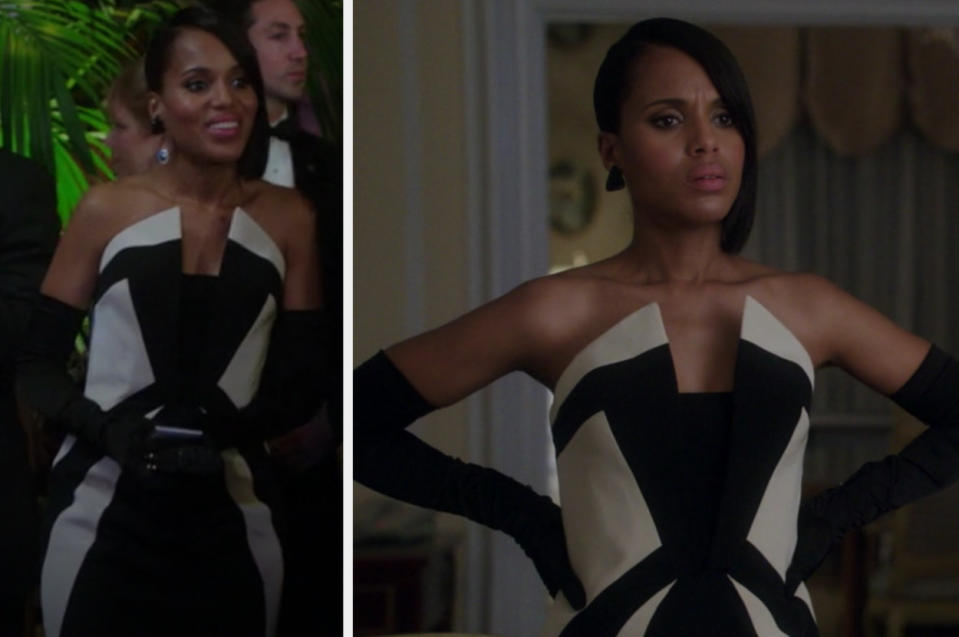 Olivia Pope wears a black and white evening gown while attending the White House Correspondents' Dinner in "Scandal"