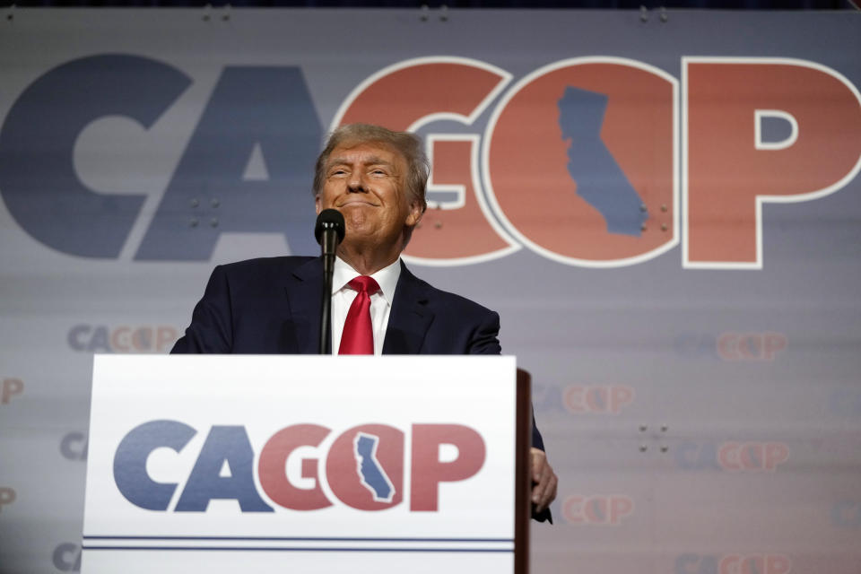 Former President Donald Trump speaks at the California Republican Party Convention Friday, Sept. 29, 2023, in Anaheim, Calif. (AP Photo/Jae C. Hong)