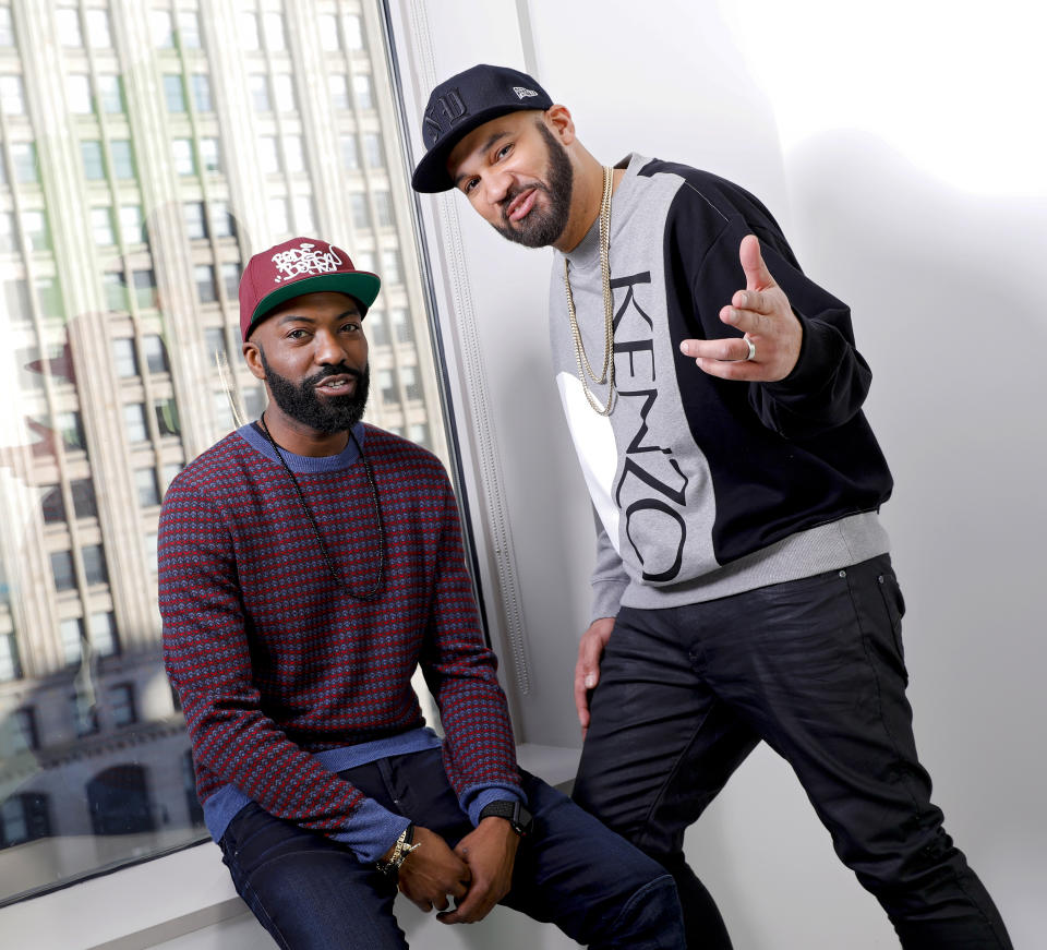 This March 19, 2019 photo shows Daniel Baker, better known as Desus Nice, left, and Joel Martinez, also known as The Kid Mero, during a portrait session in New York. The pair host the late night series "Desus & Mero," on Showtime. (Photo by Brian Ach/Invision/AP)