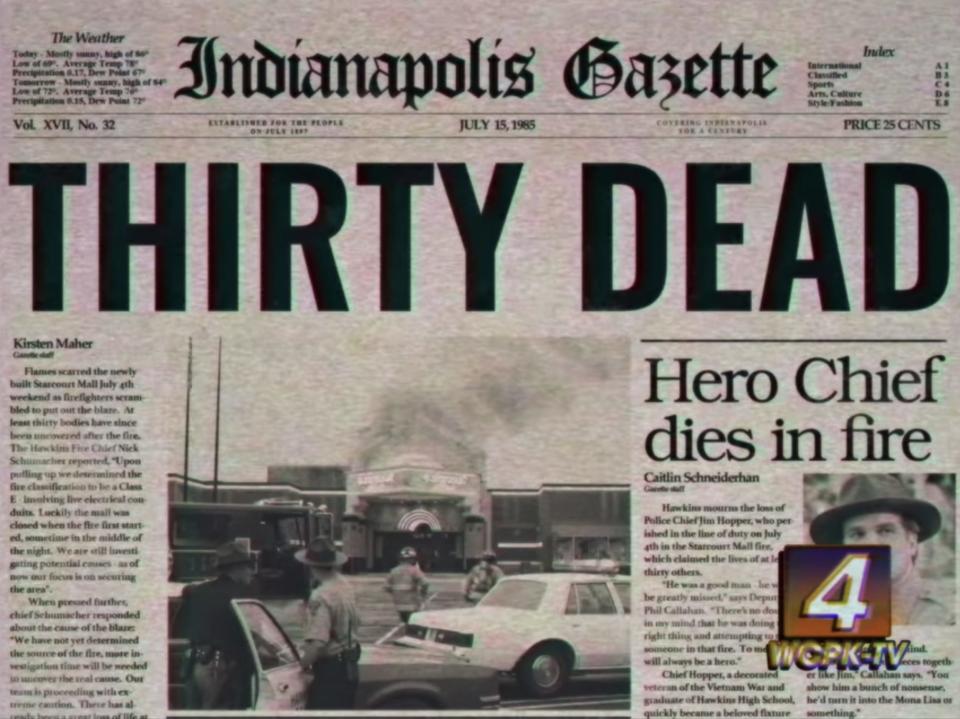Indianapolis newspaper on fire at mall Stranger Things 3 finale