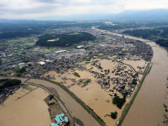 An aerial view of the floods in Hitoyoshi, Kumamoto prefecture, southwestern Japan, 4 July 2020 (EPA)