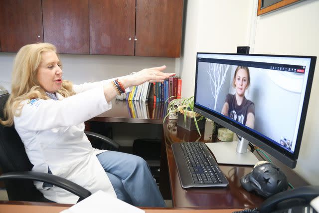 Maya Devereaux/Northwell Health Dr. Juliann Paolicchi, a pediatric neurologist at Northwell Health, on a telehealth visit with her patient Ayli Dunk in May.